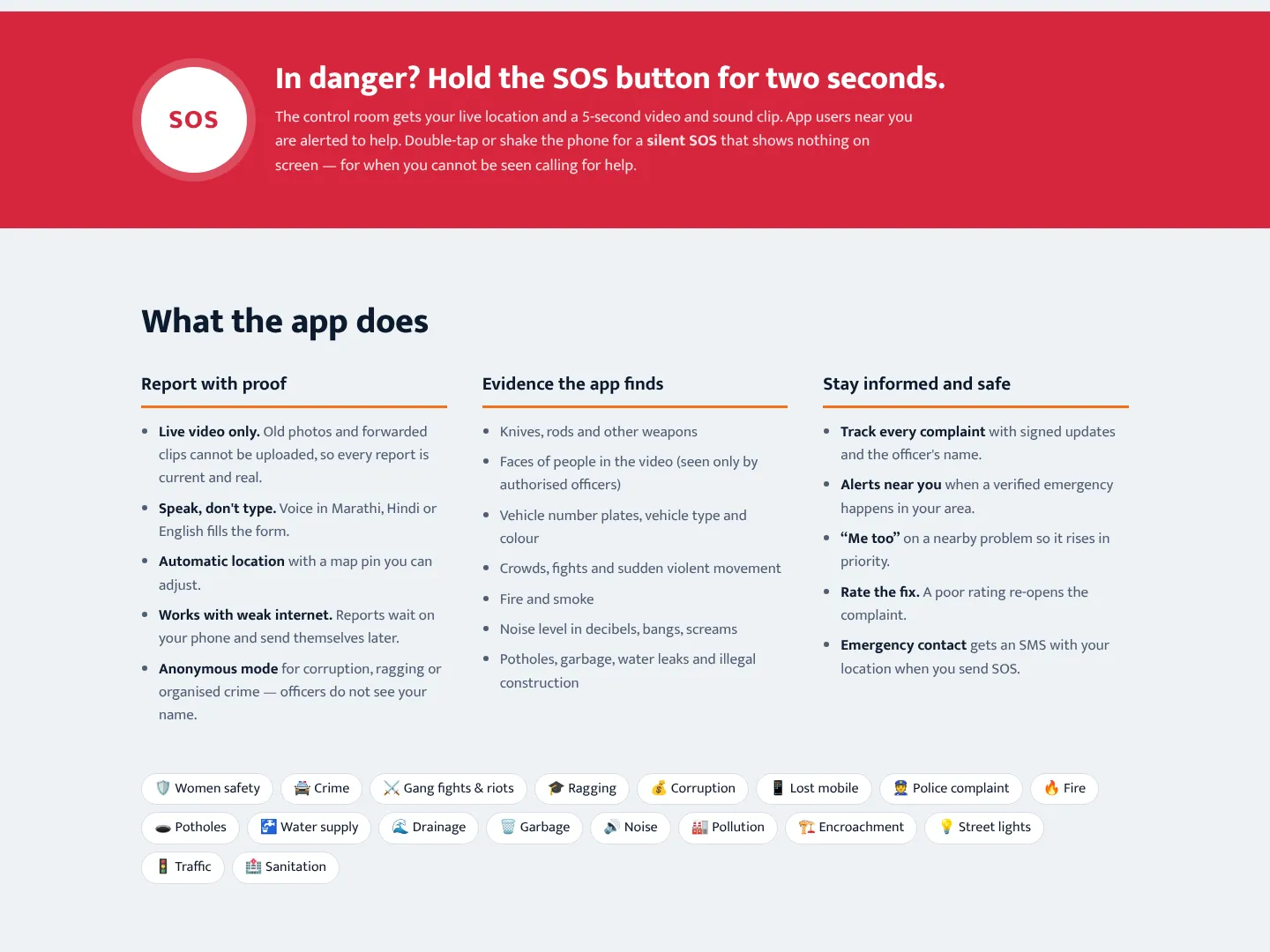 SOS, evidence detection and 18 complaint types